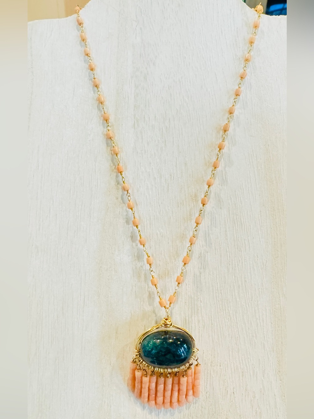 Natural Coral and Apetite stone necklace made with 14k gold-fill wire by hand.